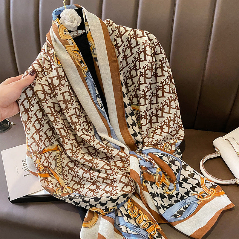 Scarf Fashionable Letter Matrix Chain Print Pattern Cotton Linen Texture Scarf Stole Women