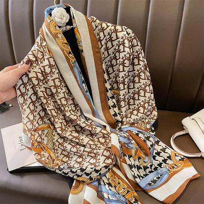 Scarf Fashionable Letter Matrix Chain Print Pattern Cotton Linen Texture Scarf Stole Women