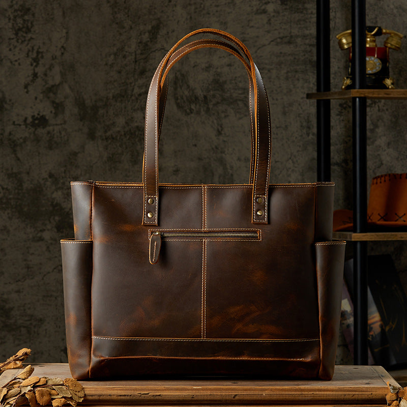 Men's tote bag, handmade, genuine cowhide leather, unisex handbag, casual school commuting shoulder bag 