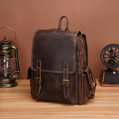 Men's Rucksack Genuine Cowhide Leather Retro Large Capacity Computer Bag for Men 