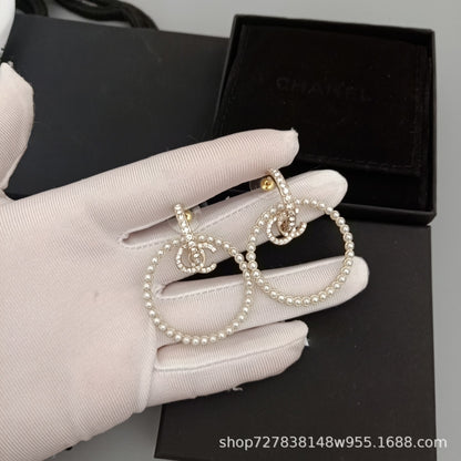 Earrings Pearl Circle Openwork Cubic Chassis Temperament Ear Hanging Earrings 