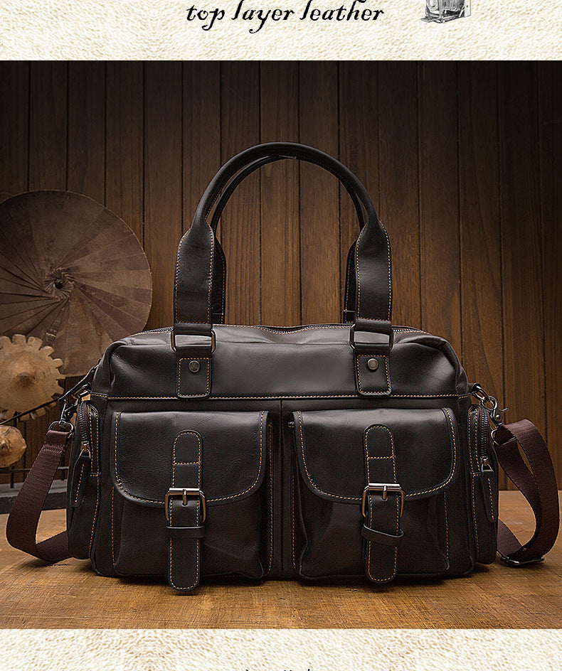 Men's Handbag, Business Trip, Travel Bag, Handmade, Genuine Cowhide Leather, Casual, Fashion, Crossbody Shoulder Bag 
