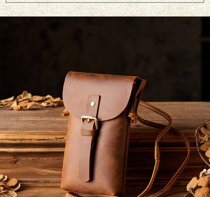 Men's Shoulder Bag Handcrafted Genuine Cowhide Leather Smartphone Pouch Retro Casual Crossbody Bag for Men 