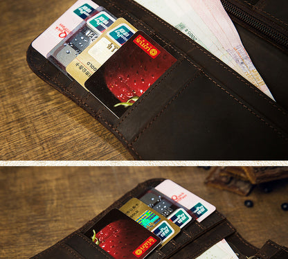 Men's Wallet Handmade Original Crazy Horse Genuine Cowhide Leather Retro Card Holder Large Capacity Zipper Mobile Phone Bag Men Handbag 
