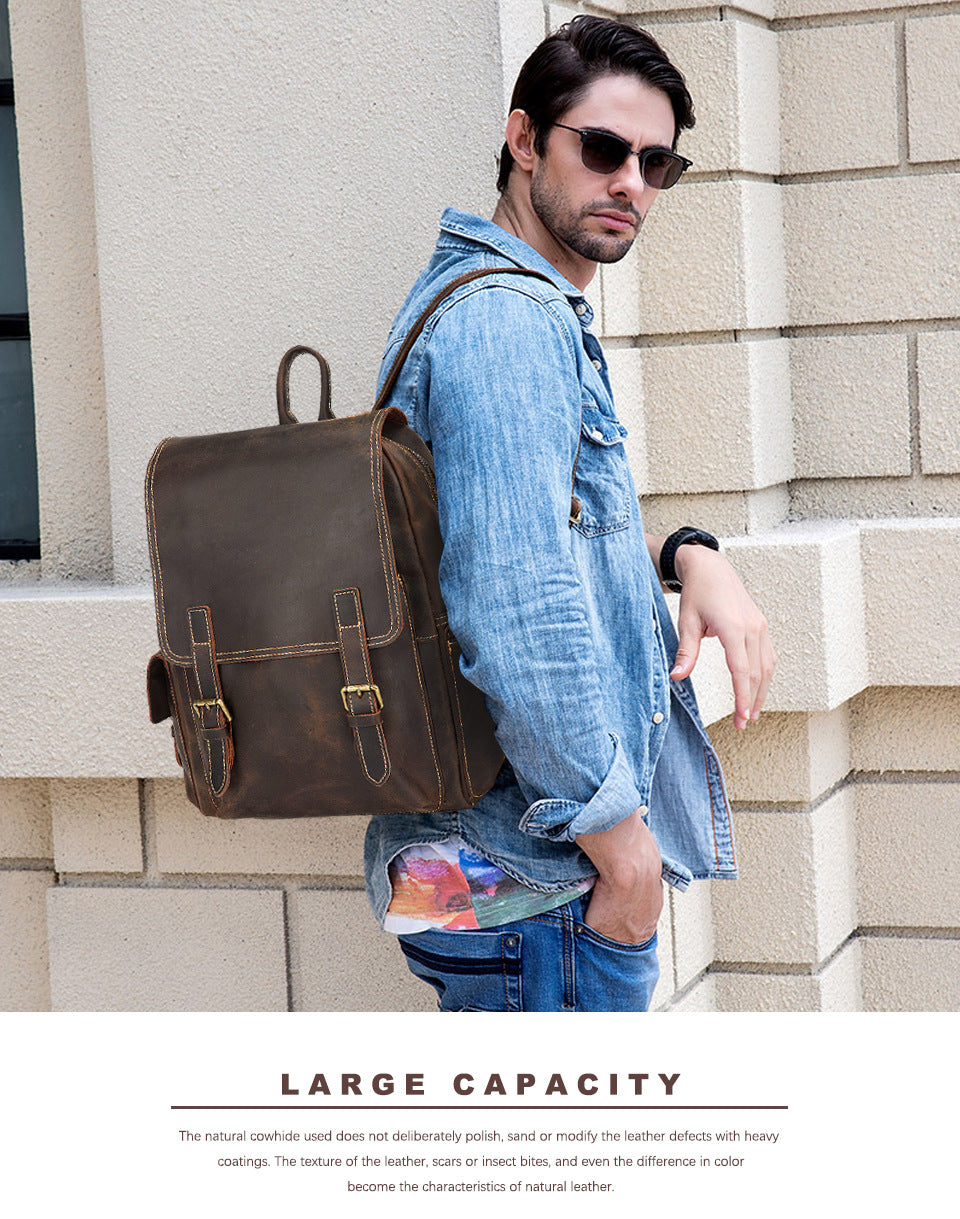 Men's Rucksack Genuine Cowhide Leather Retro Large Capacity Computer Bag for Men 