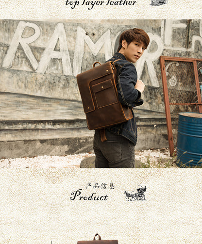 Men's Rucksack Cowhide Genuine Leather Handmade Unique Fashion Casual Travel Bag Computer Bag 