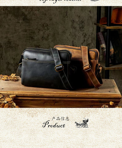 Men's Shoulder Bag Handmade Cow Leather Casual Simple Retro Zipper Crossbody Bag 