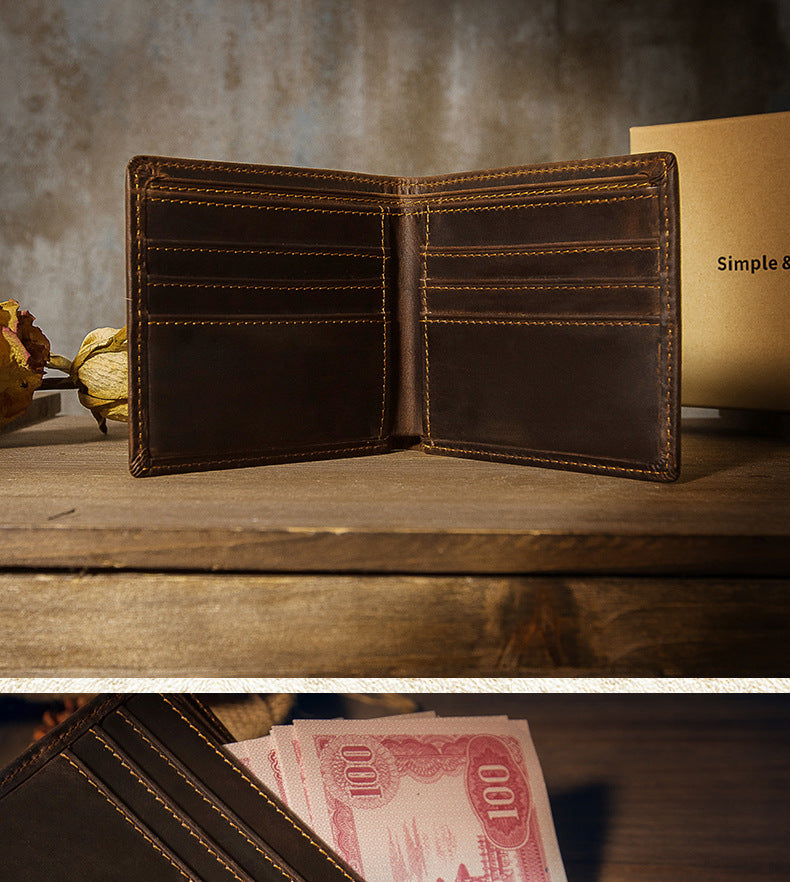 Men's short wallet made of genuine cowhide leather Crazy Horse Original casual simple thin Korean fashion unique wallet for men 
