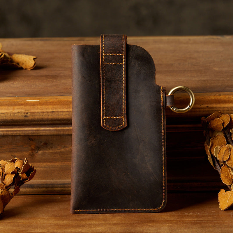 Men's Waist Pouch Mobile Phone Bag Keychain Handmade Cowhide Crazy Horse Belt Bag Mobile Phone Leather Cover Mini Bags for Men 