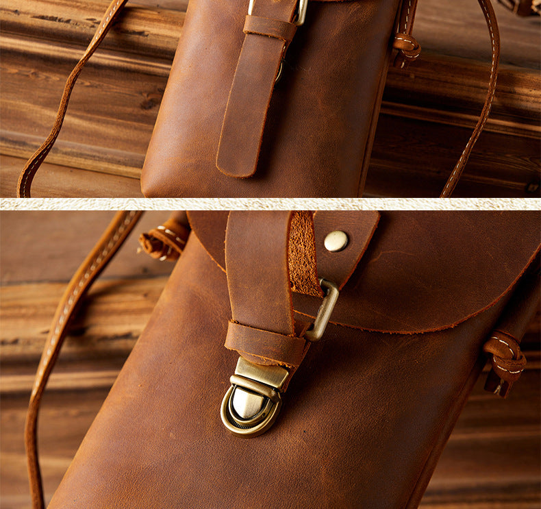 Men's Shoulder Bag Handcrafted Genuine Cowhide Leather Smartphone Pouch Retro Casual Crossbody Bag for Men 