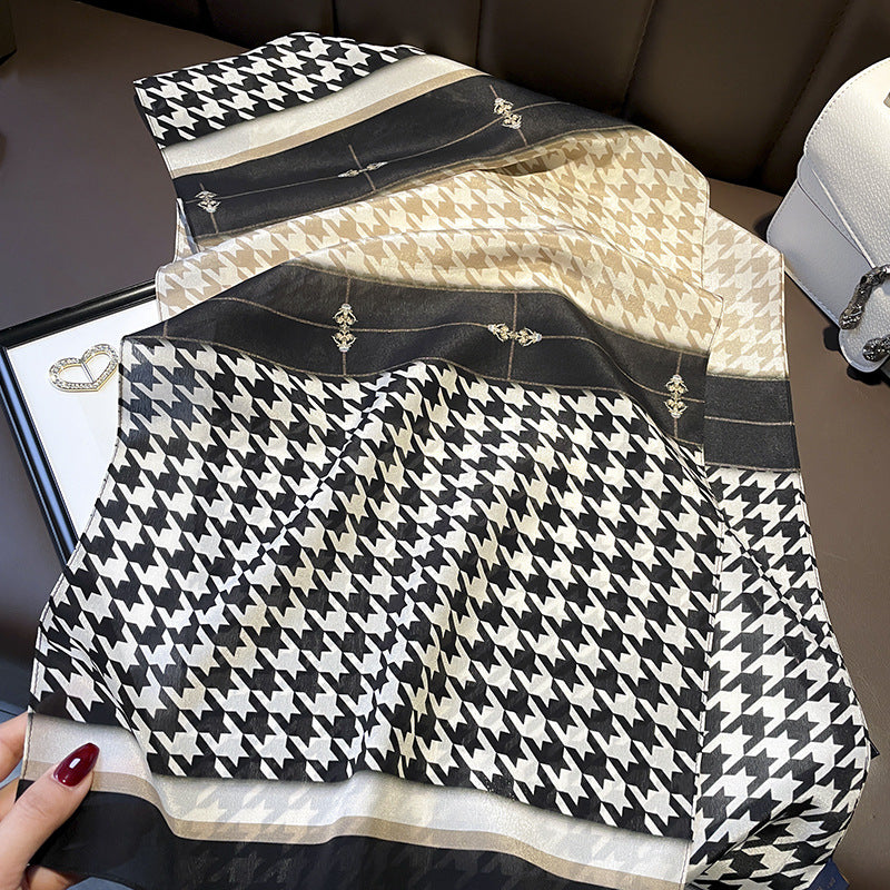 Silk scarf Houndstooth color matching muffler Silk double ribbon long scarf that goes with anything