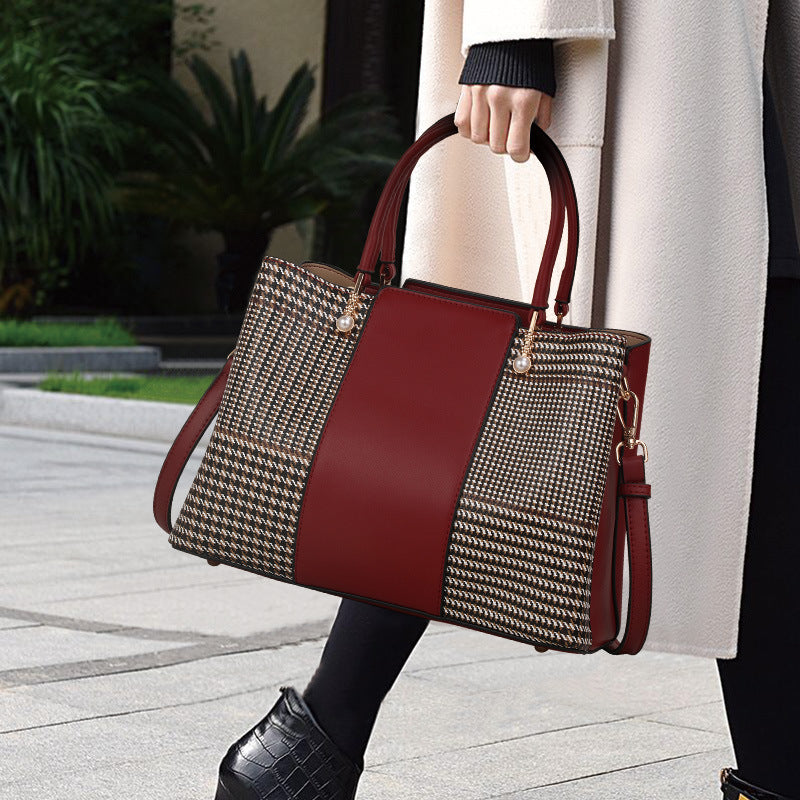 Ladies bag genuine leather handbag atmospheric fashion houndstooth splice shoulder bag temperament elegant handbag.bag