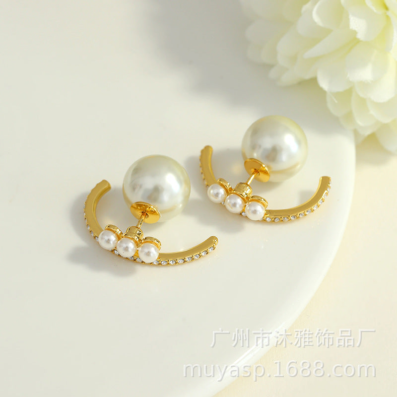 Earrings Pearl Earrings Cubic Chassis Retro Lightweight Luxury Style Earrings 