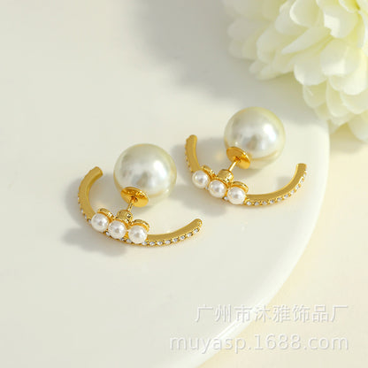 Earrings Pearl Earrings Cubic Chassis Retro Lightweight Luxury Style Earrings 