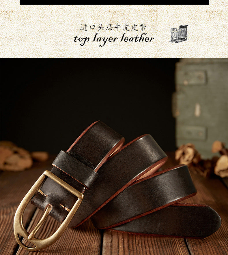 Men's Belt Handmade Genuine Cowhide Leather Unique Copper Needle Buckle Vintage Fashion Men's Belt