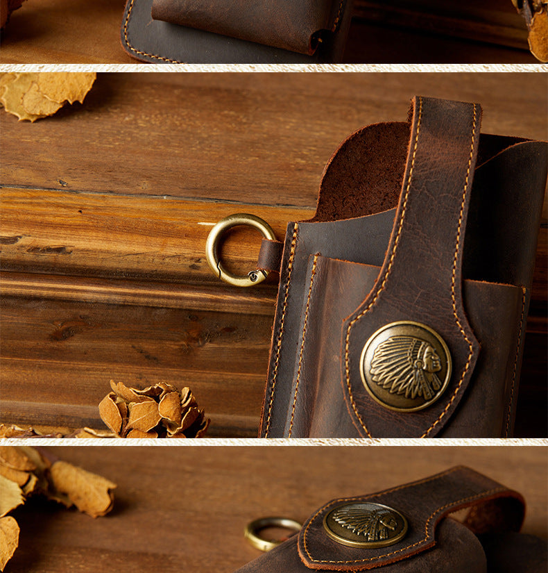 Men's Waist Pouch Mobile Phone Bag Keychain Handmade Cowhide Crazy Horse Belt Bag Mobile Phone Leather Cover Mini Bags for Men 