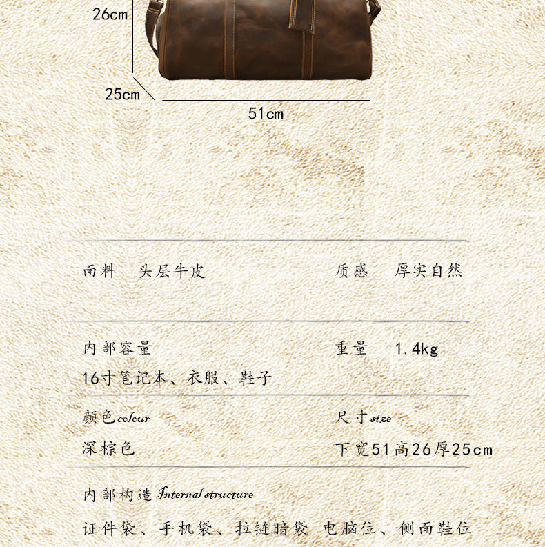 Men's Travel Bag Large Capacity Cowhide Crazy Horse Handmade Retro Crossbody Bag Fashion Luggage Bag for Men 