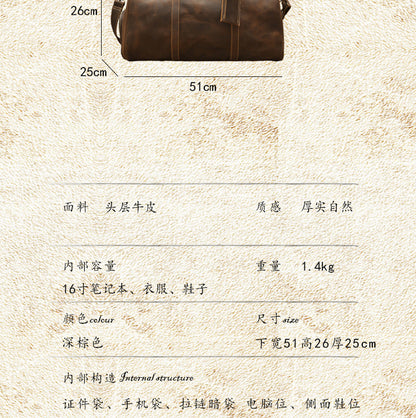 Men's Travel Bag Large Capacity Cowhide Crazy Horse Handmade Retro Crossbody Bag Fashion Luggage Bag for Men 