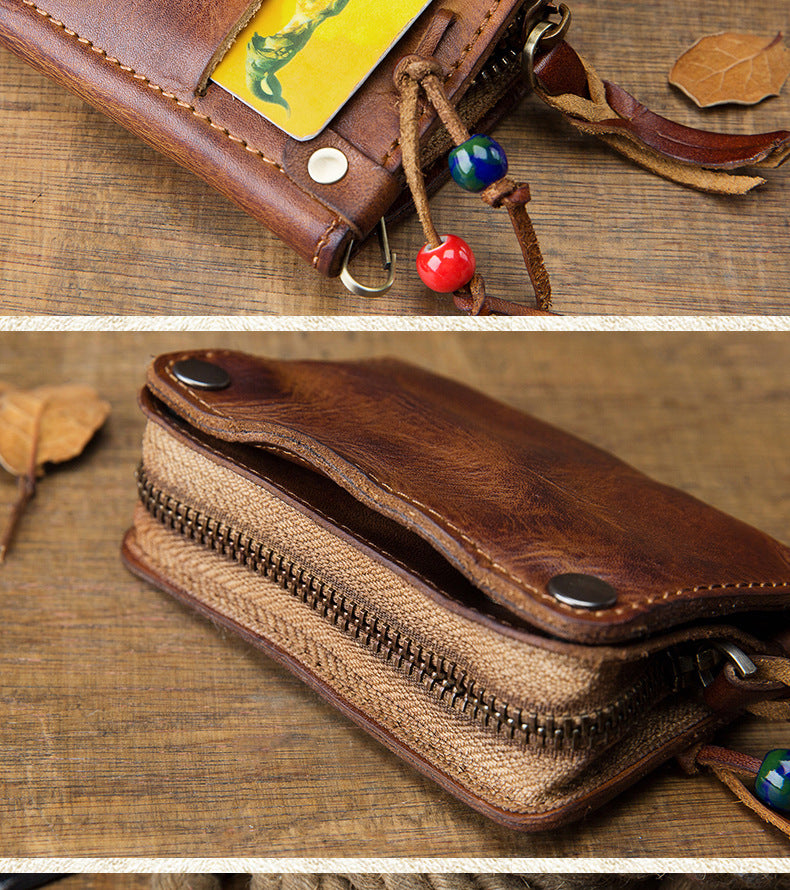 Men's wallet, genuine cowhide leather, key chain, coin purse, zipper, multi-function, large capacity, card bag for men 