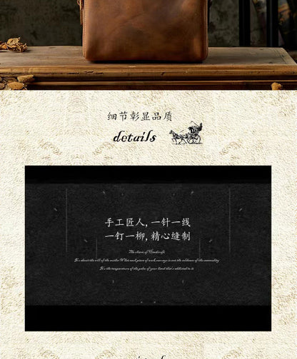 Men's Shoulder Bag Handmade Cow Leather Casual Simple Retro Zipper Crossbody Bag 