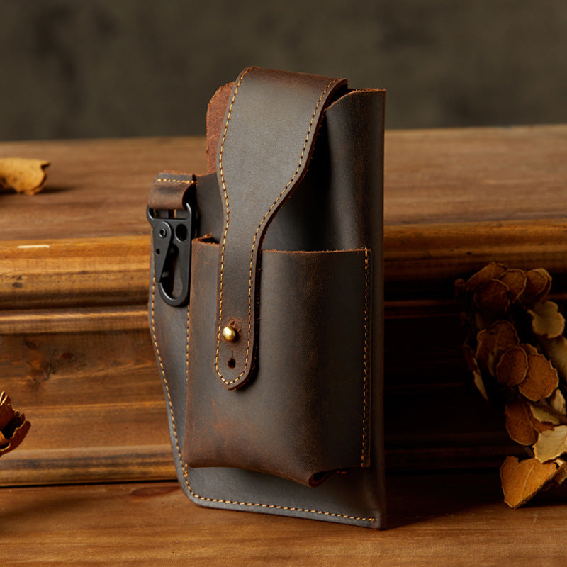 Men's Waist Pouch Handmade Cow Leather Crazy Horse Personality Mobile Phone Keychain Mobile Phone Case Sports Mini Bag 