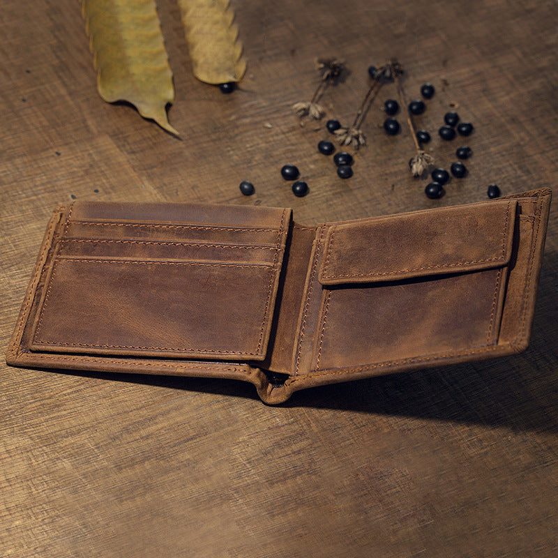Men's Short Wallet Original Handmade Cowhide Genuine Leather Crazy Horse Retro Korean Fashion Coin Purse Men's Wallet 
