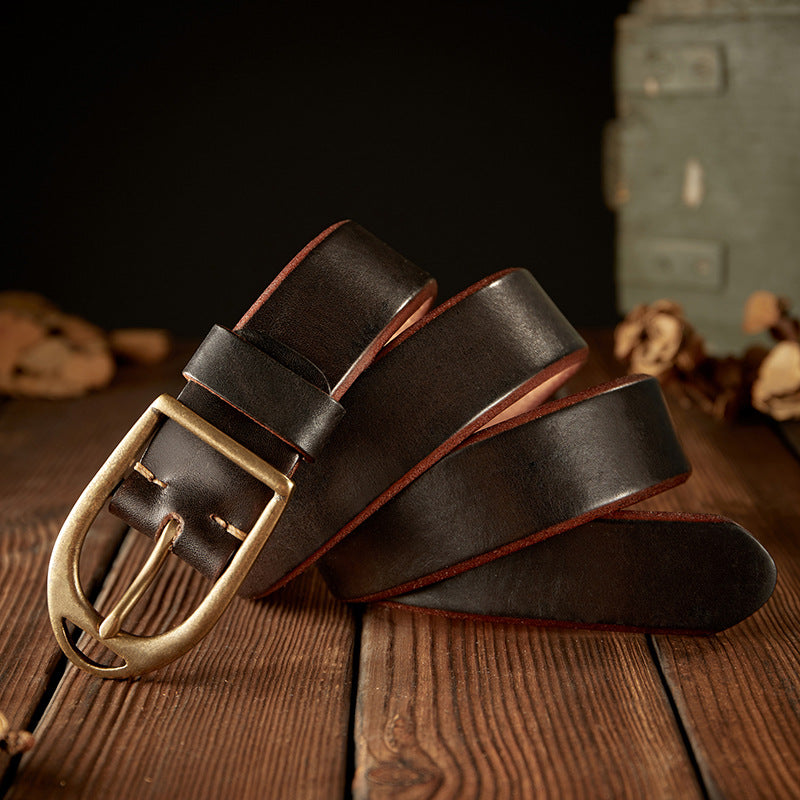 Men's Belt Handmade Genuine Cowhide Leather Unique Copper Needle Buckle Vintage Fashion Men's Belt