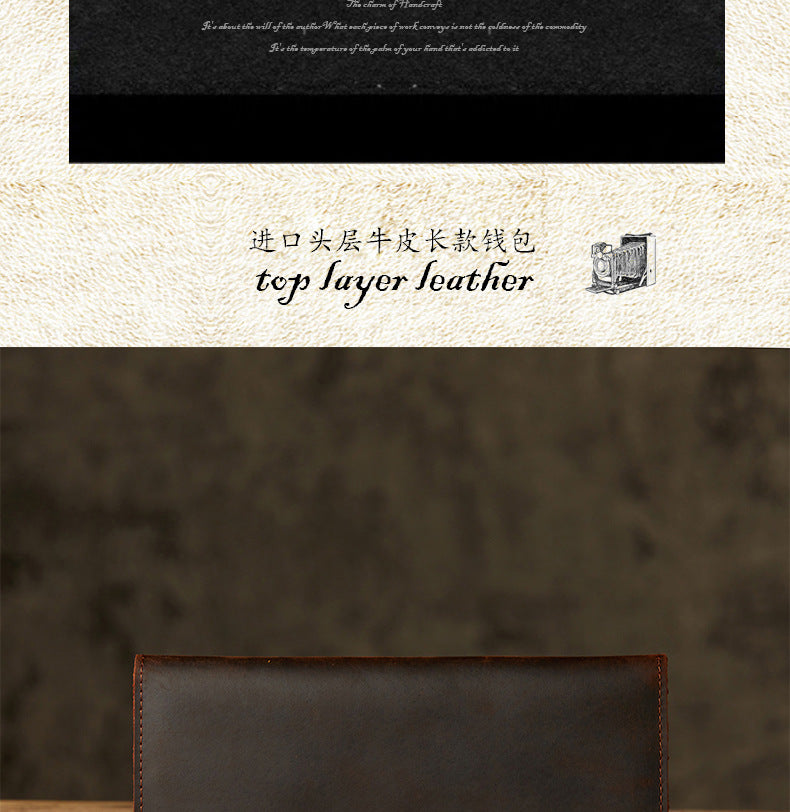 Men's long wallet, handmade, genuine cowhide leather, retro card holder, simple men's wallet handbag 