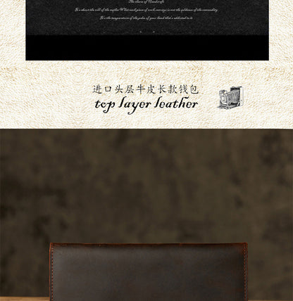Men's long wallet, handmade, genuine cowhide leather, retro card holder, simple men's wallet handbag 