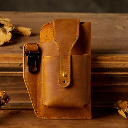 Men's Waist Pouch Handmade Cow Leather Crazy Horse Personality Mobile Phone Keychain Mobile Phone Case Sports Mini Bag 