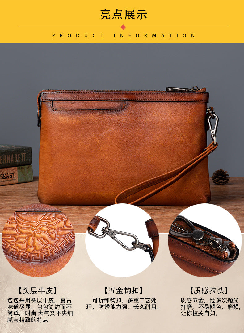 Men's Clutch Bag Genuine Cowhide Leather Retro Casual Men's Handbag 