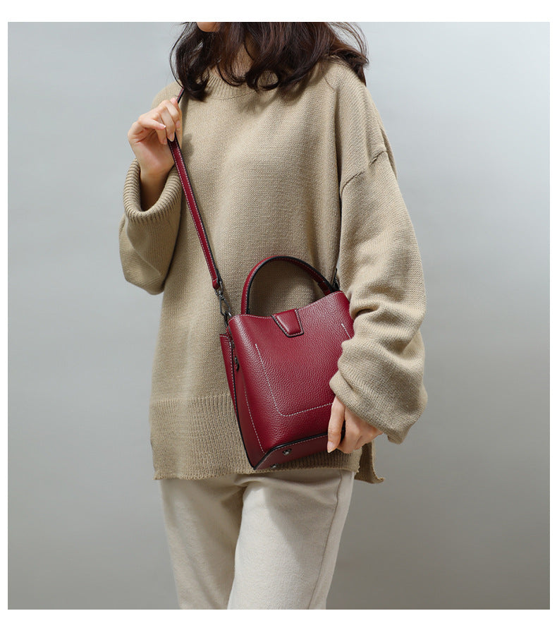 Genuine leather fashion bucket bag handbag simple crossbody bag broadband trend shoulder bag.Pochette