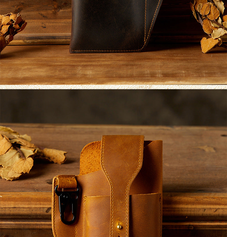 Men's Waist Pouch Handmade Cow Leather Crazy Horse Personality Mobile Phone Keychain Mobile Phone Case Sports Mini Bag 