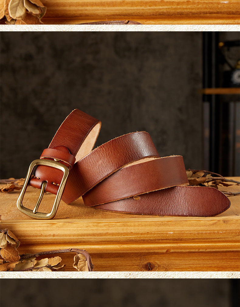 Men's Belt Handmade Vintage Copper Needle Buckle Cowhide Genuine Leather Casual Men's Belt 