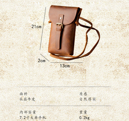 Men's Shoulder Bag Handcrafted Genuine Cowhide Leather Smartphone Pouch Retro Casual Crossbody Bag for Men 