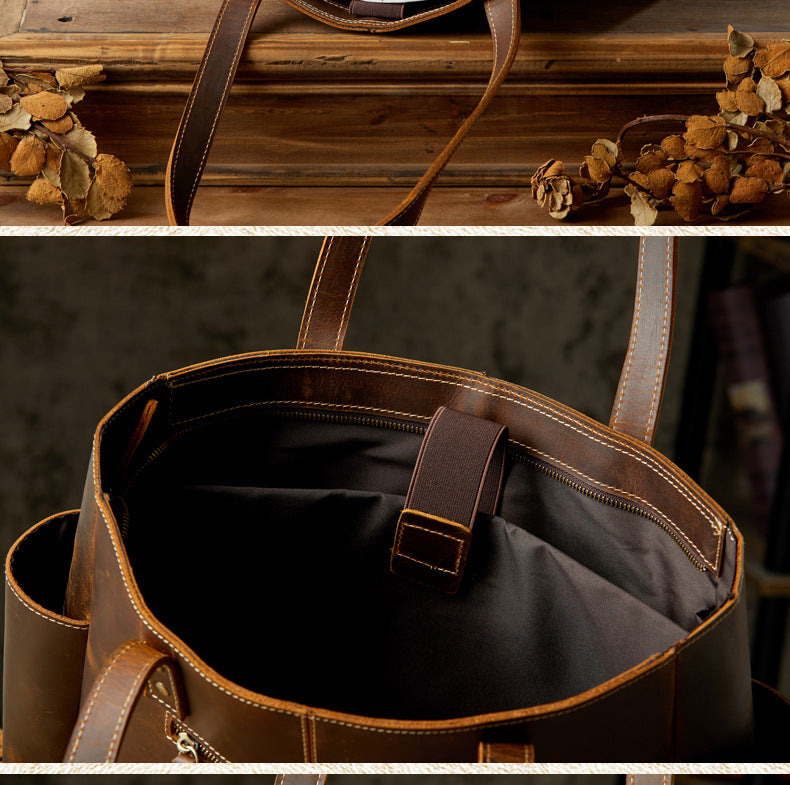 Men's tote bag, handmade, genuine cowhide leather, unisex handbag, casual school commuting shoulder bag 