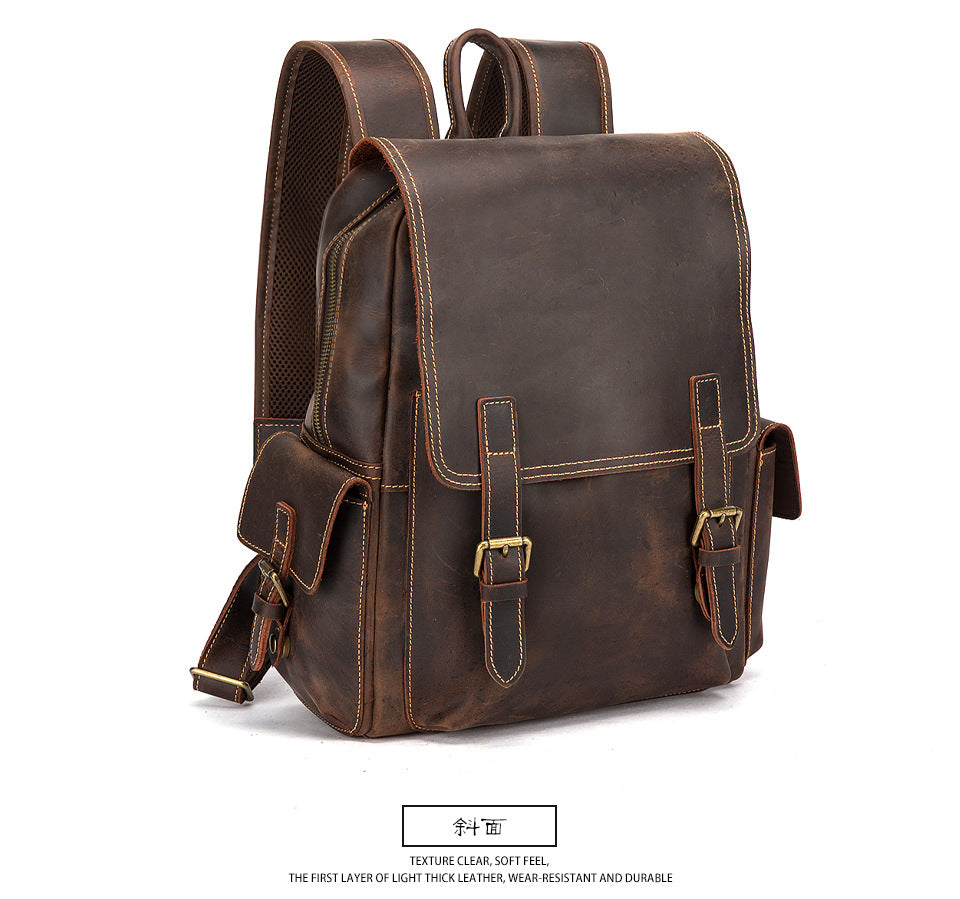 Men's Rucksack Genuine Cowhide Leather Retro Large Capacity Computer Bag for Men 