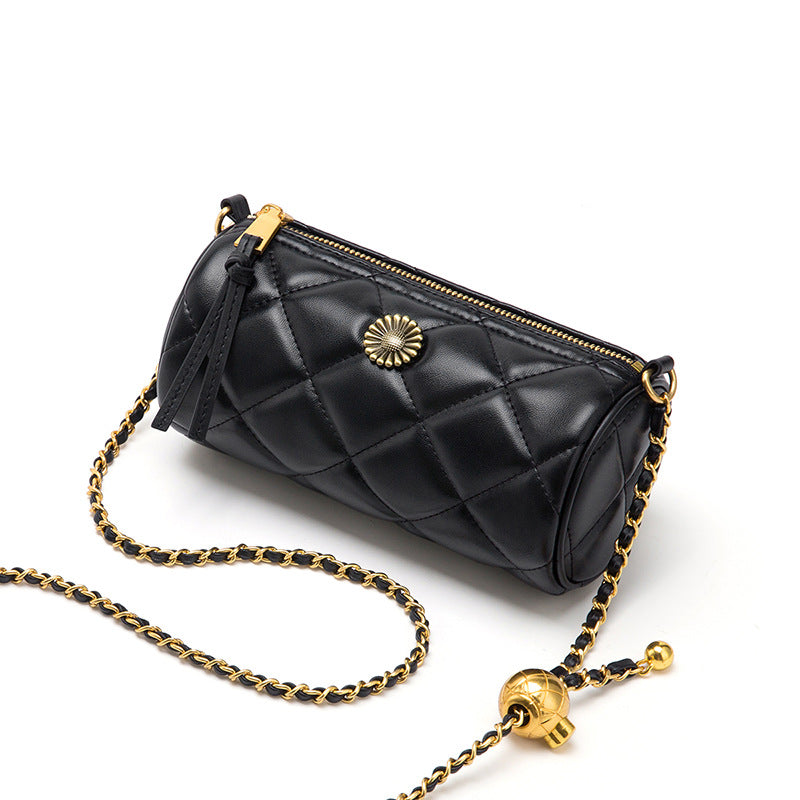 Women's genuine leather plaid cylindrical bag Crossbody bag Mini fashion chain bag Shoulder bag that goes with anything. Pochette
