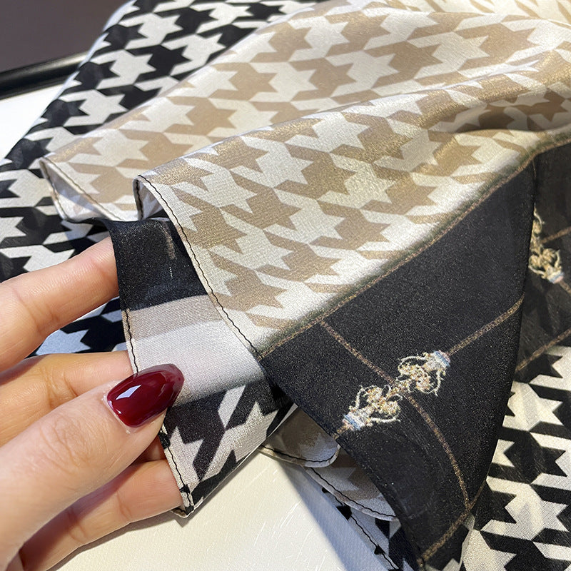 Silk scarf Houndstooth color matching muffler Silk double ribbon long scarf that goes with anything