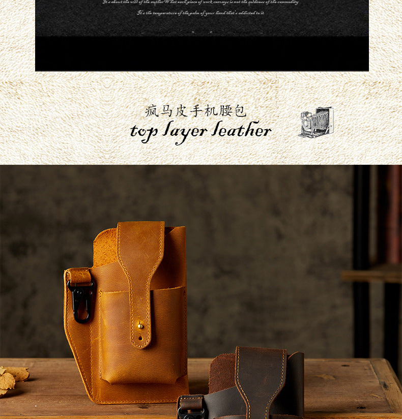 Men's Waist Pouch Handmade Cow Leather Crazy Horse Personality Mobile Phone Keychain Mobile Phone Case Sports Mini Bag 
