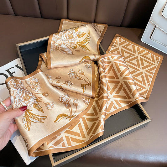 Silk Scarf Geometric Print Pattern Double Silk Ribbon Silk Scarf Women Neckerchief Double Sided 2 Colors