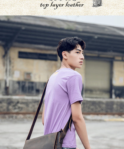 Men's Messenger Bag Handmade Genuine Cowhide Leather Crazy Horse Retro Casual Shoulder Bag Crossbody Computer Bag 