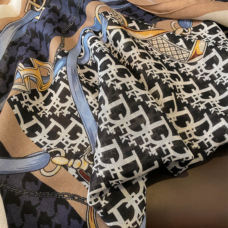 Scarf Fashionable Letter Matrix Chain Print Pattern Cotton Linen Texture Scarf Stole Women