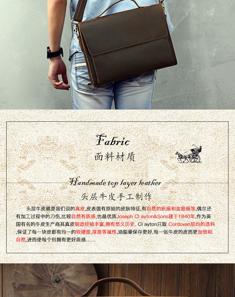 Men's Handbag Briefcase Handmade Cowhide Genuine Leather Retro Simple Messenger Bag Business Casual Men's Shoulder Bag Crossbody Bag 