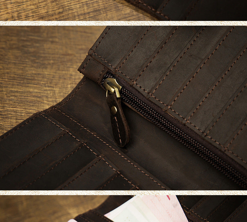 Men's Wallet Handmade Original Crazy Horse Genuine Cowhide Leather Retro Card Holder Large Capacity Zipper Mobile Phone Bag Men Handbag 