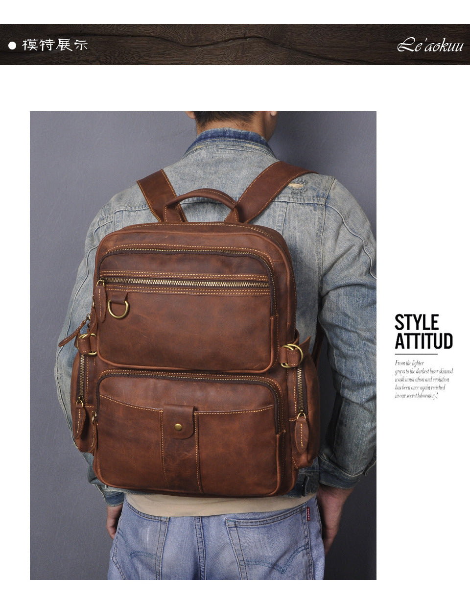 Men's backpack genuine leather cowhide retro large capacity men computer bag 