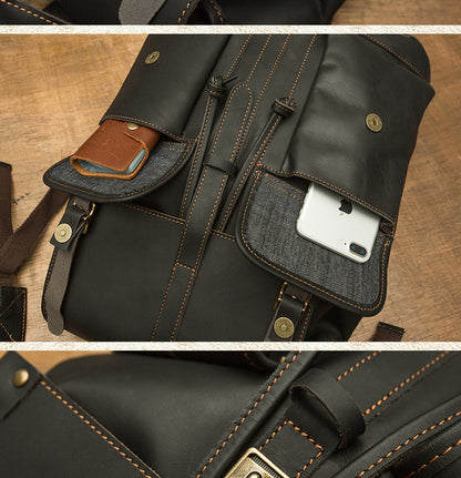 Men's backpack handmade original cowhide genuine leather retro fashion unisex casual bag 