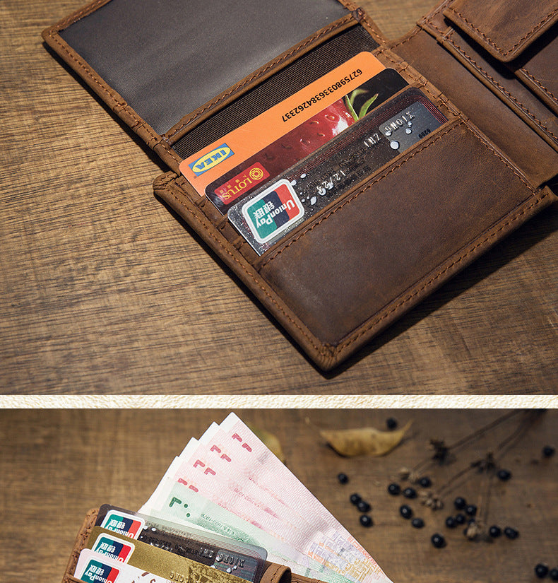 Men's Short Wallet Original Handmade Cowhide Genuine Leather Crazy Horse Retro Korean Fashion Coin Purse Men's Wallet 