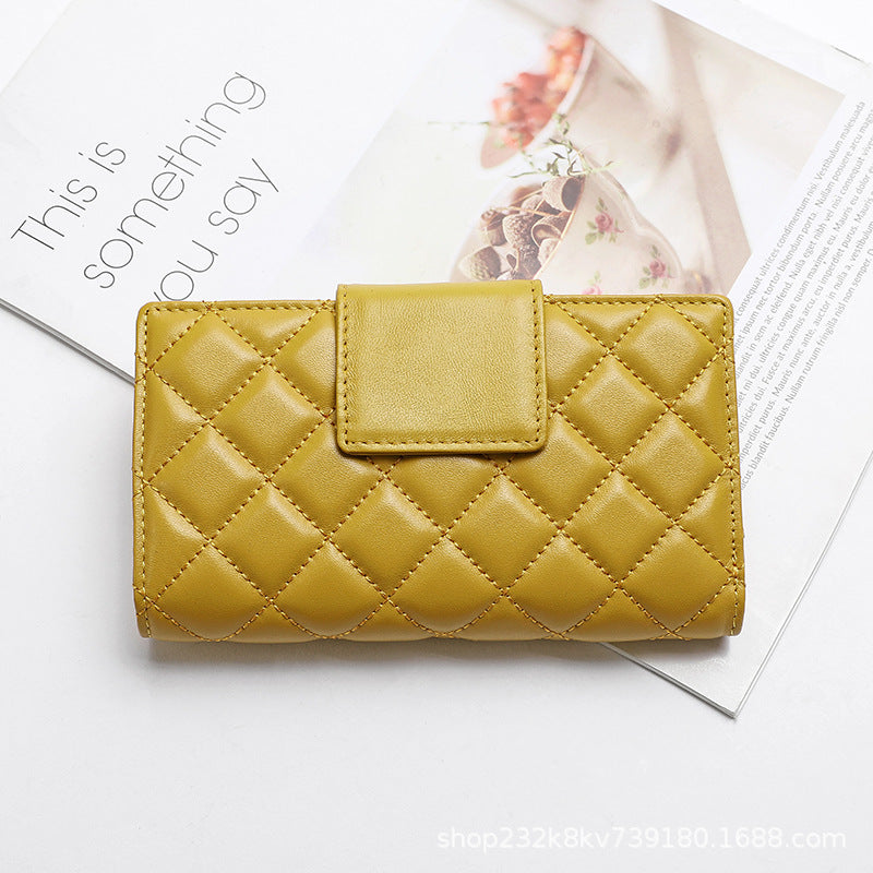Women's short genuine leather wallet check wallet sheep leather wallet tri-fold cloth coin purse wallet women's wallet