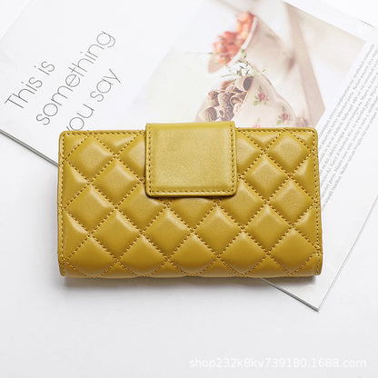 Women's short genuine leather wallet check wallet sheep leather wallet tri-fold cloth coin purse wallet women's wallet